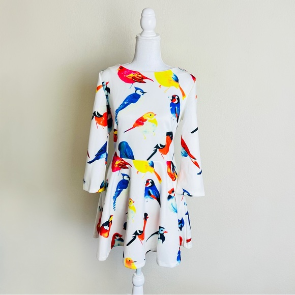 NWT White Peplum Drop Waist Multicolor Bird Print Scuba Mini Dress - Picture 2 of 10